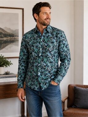 Cremieux Premium Denim Men L Paisley Floral Button Down Shirt Cotton Navy